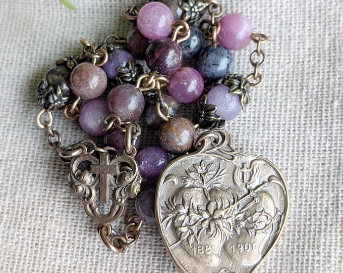 Catholic Church Ruby Chaplet of the Two Hearts Solid Bronze + Ruby Sapphire, Catholic ...