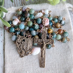 Mary Garden solid bronze + multicolor moss agate and carved floral queen conch shell rosary, Catholic rosary, holy rosary
