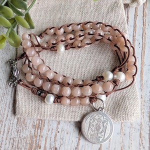 Medieval style St. Benedict medal stainless steel + peach moonstone rosary wrap bracelet, rosary bracelet, fidget rosary, Catholic bracelet