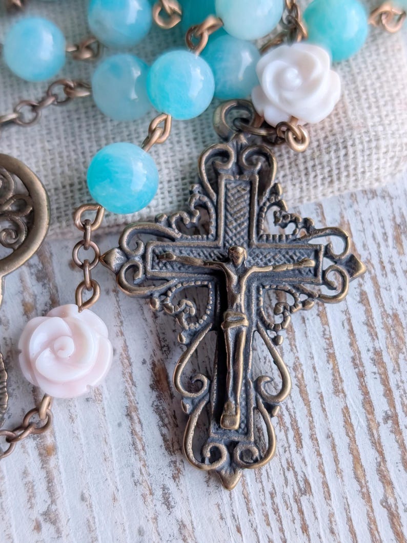 Conch Shell Roses Our Lady of Guadalupe Solid Bronze + Peruvian Amazonite and Carved ...