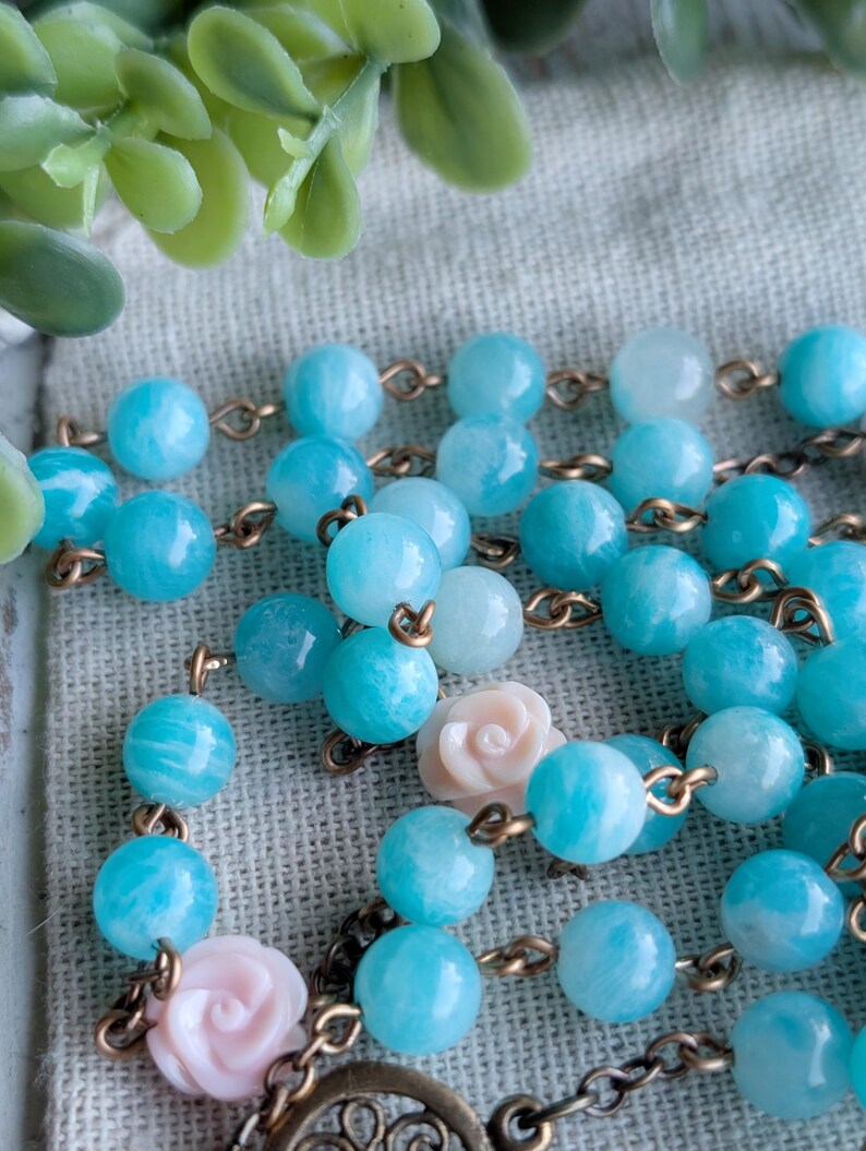 Conch Shell Roses Our Lady of Guadalupe Solid Bronze + Peruvian Amazonite and Carved ...