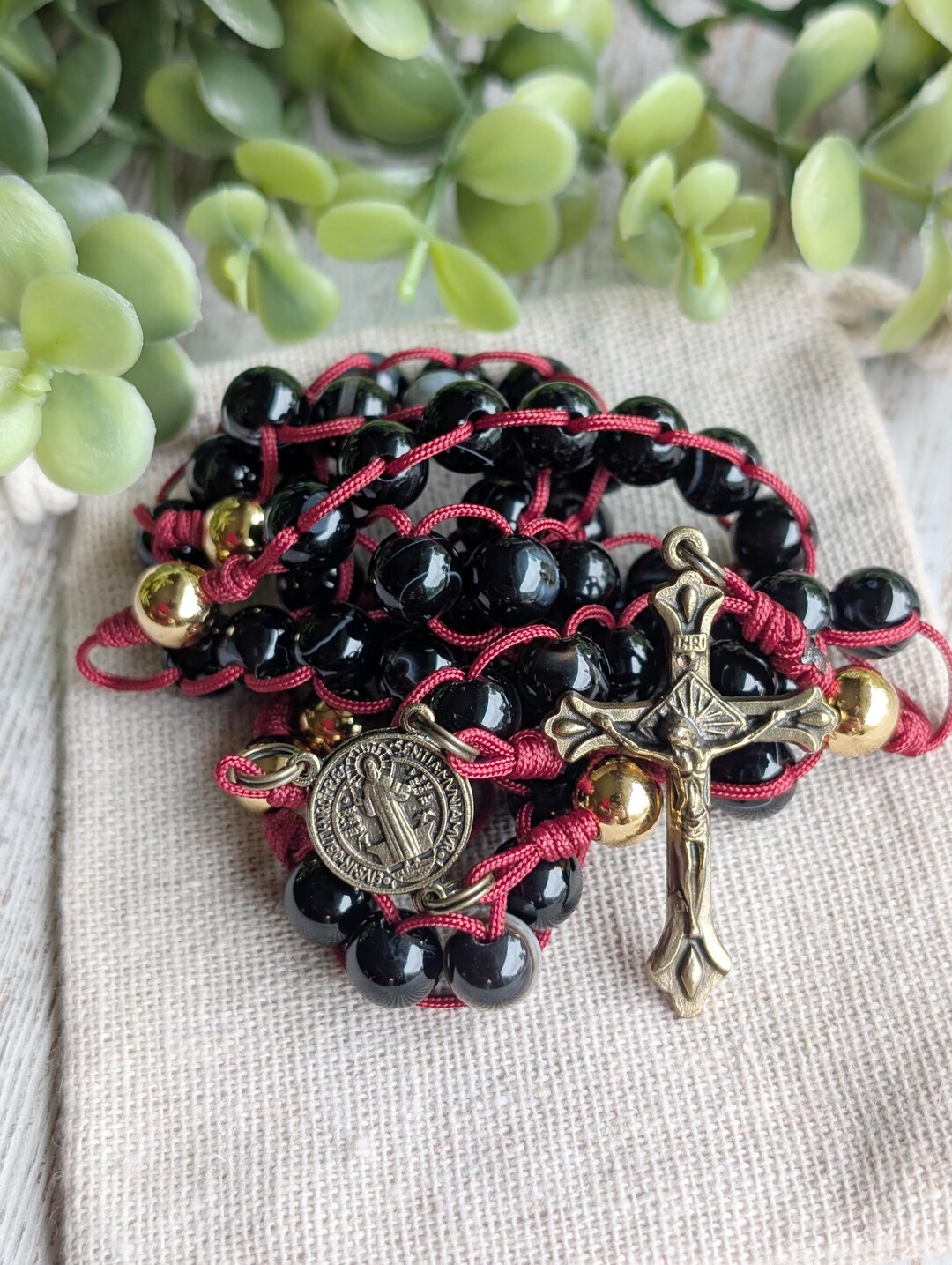 St. Benedict Medal Bronze Tone + Black Stripe Agate and Gold Plated ...