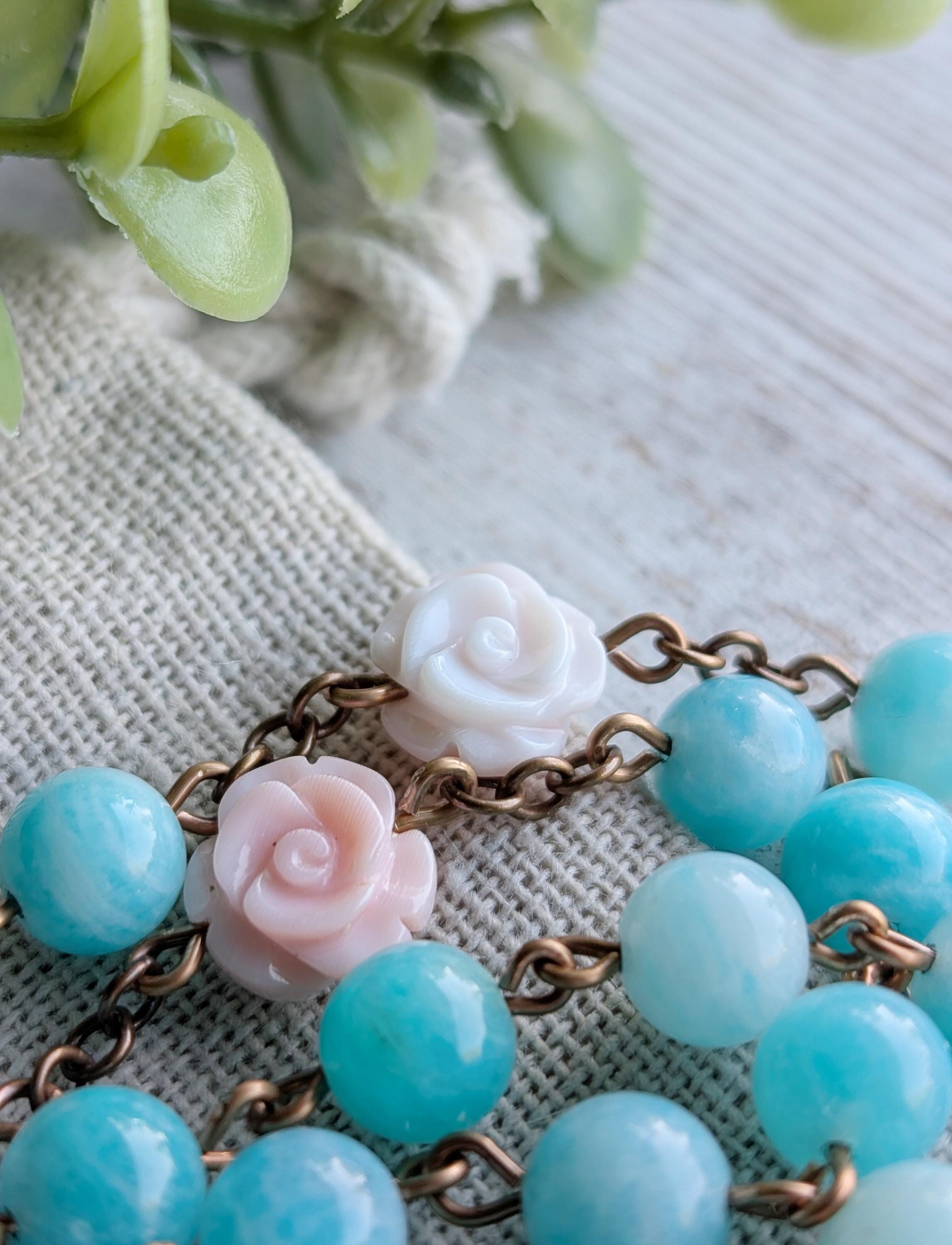 Conch Shell Roses Our Lady of Guadalupe Solid Bronze + Peruvian Amazonite and Carved ...