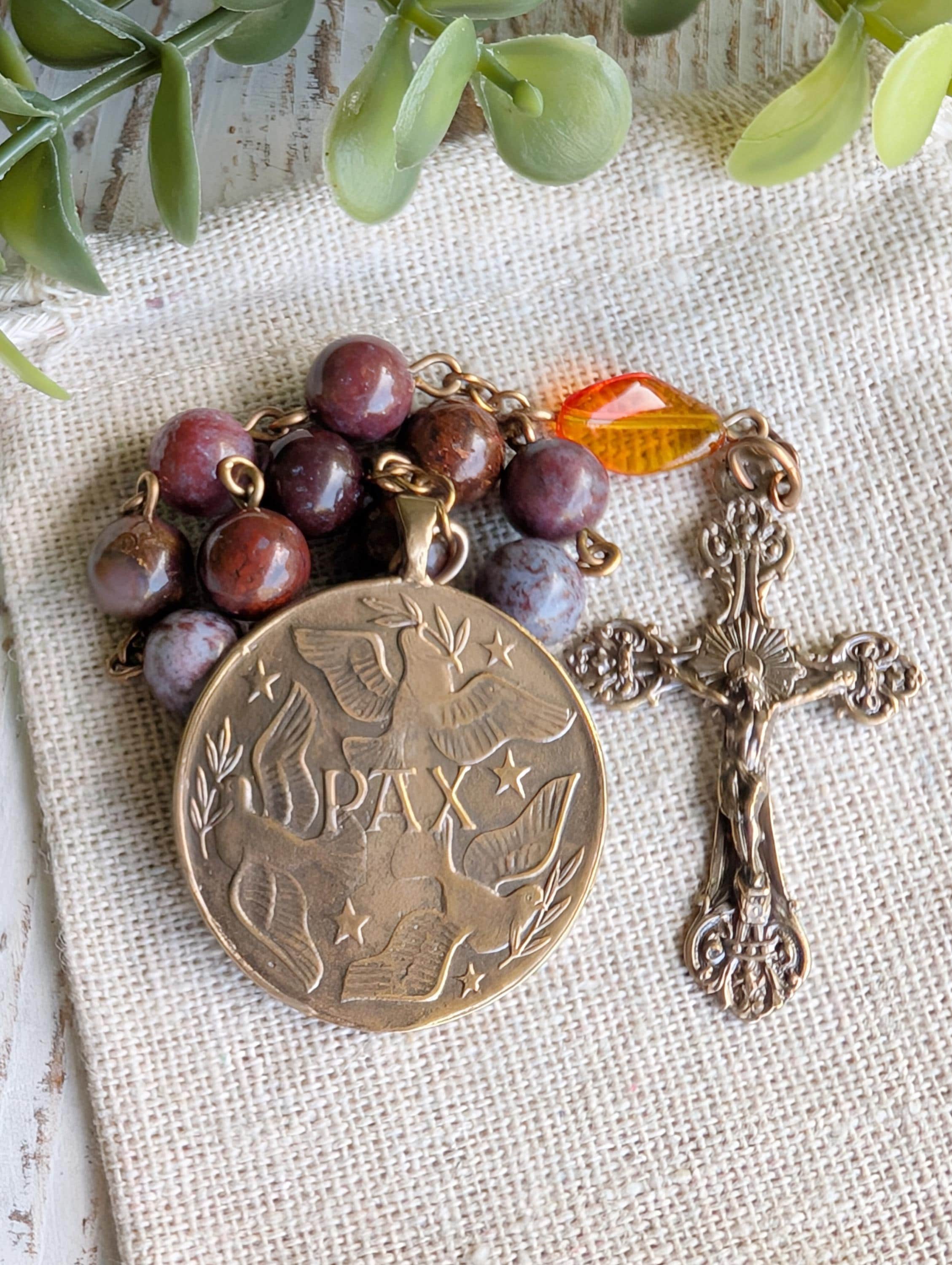 Holy Spirit Pentecost themed solid bronze + flame agate and vintage glass decade rosary, holy rosary, Catholic rosary, confirmation gift