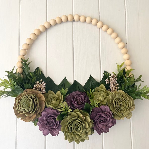 Wood Bead Sola Flower Wreath | Handmade Rustic Round Sign