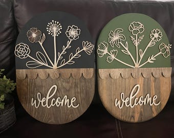 Welcome Sign with Laser Wood Flowers | Front Door Decor, Oblong Sign