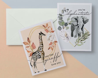 Valentines Day Card Pair of 2 - Galentines Safari Animal Puns - Friend Appreciation Gift - Art Print Greeting Cards