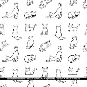 Black and White Cat Seamless Pattern: Digital Print (300 DPI PNG)