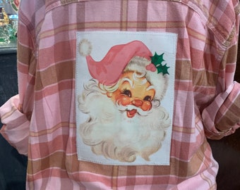 Vintage Pink Santa Flannel/Retro Christmas Shirt/ Holiday Plaid Top