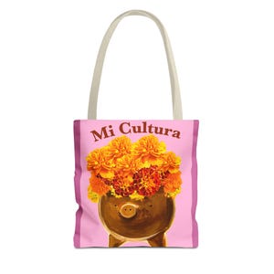 Pig Cochinito Marranito Pink Tote Mi Cultura Marigold Flowers Mexican Folk Art  Latina Latinx Market Bag Pan Dulce Marranito Pink Tote Bag
