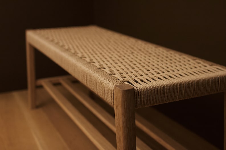 Mid Century Entryway Woven Seat Shoe Bench 画像 1