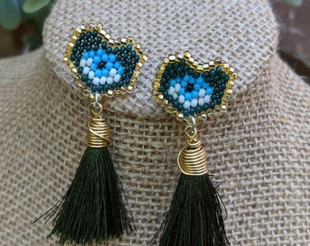 Beaded TURKISH EYE with Tassel Earrings Ojo Turco