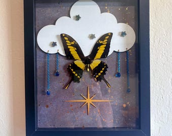 Yellow butterfly in black frame with cloud and rain / real butterfly / glass beads / celestial scene / labradorite star / shadow box artwork
