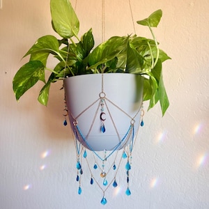 Suncatcher Plant hanger  / Deep Turquoise and Teal Blue Chandelier Crystal Glass Beads with Gold Chain / Choose from 4 Pot Color options
