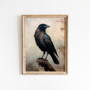 Vintage Krähe Ölgemälde, Rabe Kunstdruck, digitaler Download, Vintage Dekor, klassische druckbare schwarze Krähe Malerei, Wandkunst des 19.Jahrhunderts
