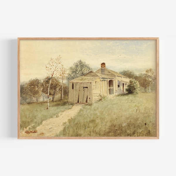 Dreamy Cottage Painting, Vintage Landscape Art Print, Countryside Painting, Old Cabin in Nature Painting, Digital Download, Muted Colors