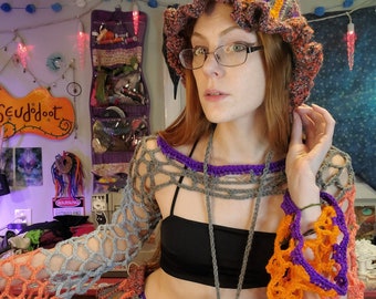 Multicolor Crochet Fishnet Bolero, Fringe Skirt and Bucket Hat Set