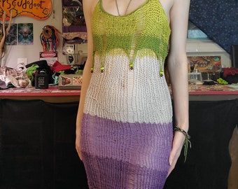 Green Purple Beaded Knit Mini Dress