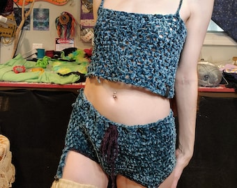 Blue Velvet Booty Shorts & Tank Top Set