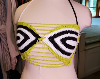 B&W Inverted Crochet Top with Green Border