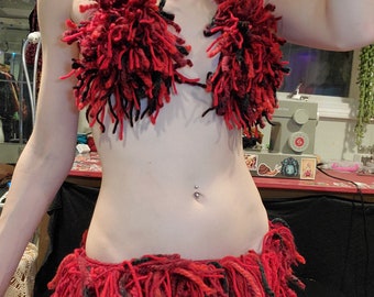 Red & Black Fringed Outfit Set