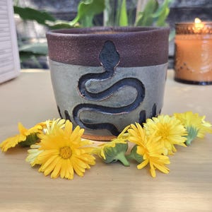 May include: A ceramic mug featuring a two-tone design with a dark brown upper rim and a muted sage green base. The centre of the mug displays a carved, dark-coloured snake silhouette that wraps around the body, accented by bright yellow flowers.