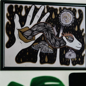Sending Signs Original Ink Drawing with Hands, Mouths, Mushrooms Snakes and Eyes