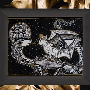 We Connected For A Moment Original Ink Drawing with a Snake, a bat, mushrooms and a full moon - wall art