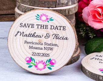 Protea Save the Date • Save the date wood slice • Pink flower wedding save our date • Rustic Theme Wedding • Personalised wedding wood