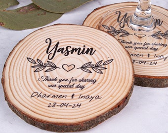 Personalised Wedding Coasters • Unique Wedding Favours • Rustic Favours • Personalised Wedding Bomboniere Coasters • Natural Wedding Favours