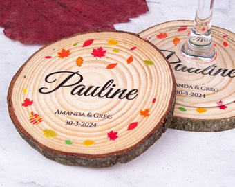 Autumn Leaves Wood Slice Wedding Favour Coasters • Orange Wedding Colours • Fall Season Wedding Coasters • Personalised wedding coasters