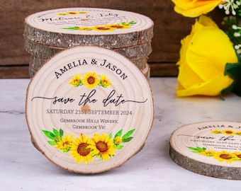 Sunflower Wood Slice Save the Date Magnet: Rustic Wedding Favor