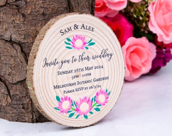 Protea Wedding Invitation Wood Slice • Rustic Wood Slice Invite • Wooden Invitation • Unique Wedding Invite • Eco friendly invite