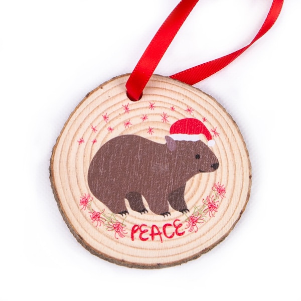 Wombat Christmas Ornament: Australian Wood Slice Holiday Decor