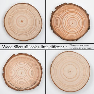 May include: Four wood slices, each with a different grain pattern, showing the natural beauty of wood. The slices are round and have a smooth surface. The text "Wood Slices all look a little different. Please expect some variation in your order" is visible at the bottom of the image.