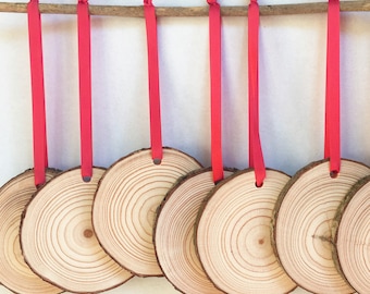 Blank Wood Slice Christmas Ornaments with Red Ribbon: DIY Craft Supplies