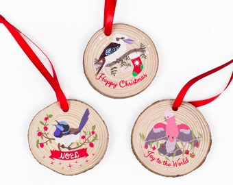 Australian Bird Christmas Ornaments: Kookaburra, Wren, Galah (Set of 3)