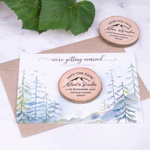 Mountain Save the Date Wood Slice Magnet with Card and Envelope • Forest theme save the date magnet • Save the date card with magnet