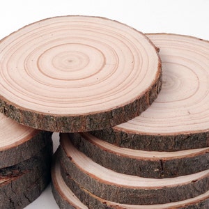 May include: A stack of six natural wood slices, each with a different diameter, showing the natural grain and bark of the wood. The slices are perfect for crafting, decorating, or using as coasters.
