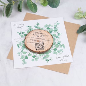 Eukalyptus Save the Date Holzscheibenmagnet mit Karte und Umschlag • Einzigartiger Save the Date Magnet • Rustikale Save the Date Karte