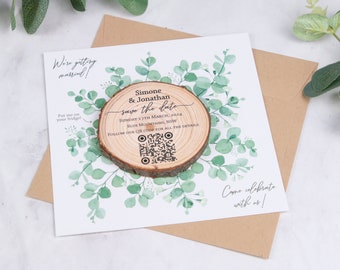 Eucalyptus Save the Date Wood Slice Magnet with Card and Envelope • Unique save the date magnet • Rustic save the date card