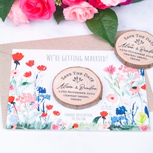 Rustic Wood Slice Save the Date Magnet: Botanical Wedding Card