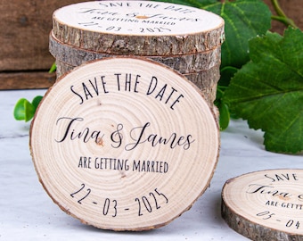Rustic Wood Slice Save The Date Magnet: Personalized Wedding Invitation