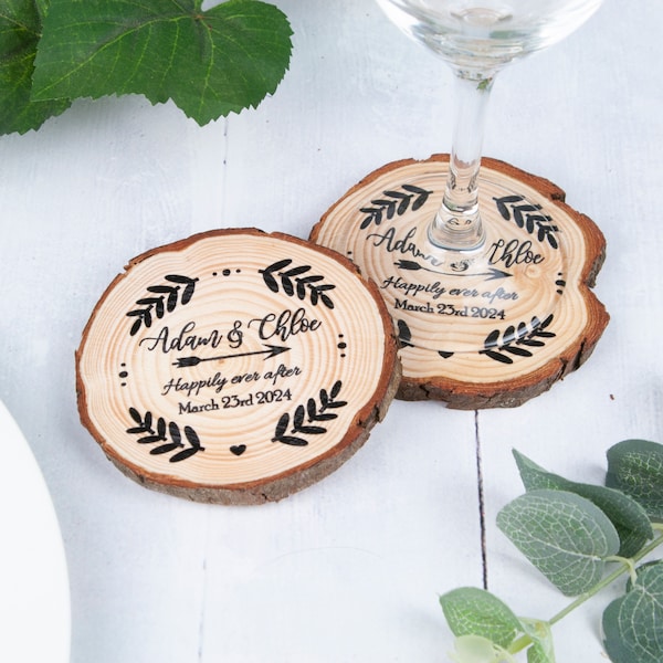 Posavasos de favor de boda con rebanadas de madera, regalo de fiesta de bodas, regalo de recepción, boda campestre, favores de boda únicos, favor de boda creativo,