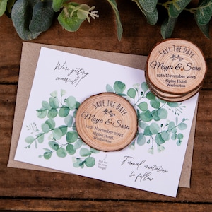 Eukalyptus Save the Date Holz Magnet mit Karte und Umschlag • Botanisches Save the Date • Echtholz Save the date