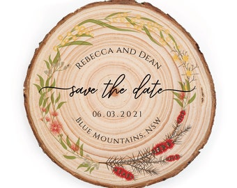 Australian Floral Save The Date Wood Slice Magnet • Floral Wreath Save-The-Date • Australian Native Wedding Save the Date Magnet