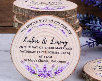 Lavender Wood Slice Wedding Invitation: Real Wood, Magnet Back