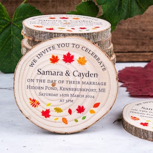 Autumn Wedding Invitation Wood Slice Magnet • Fall Wedding Invite • Tree Slice Invitation • Autumn Leaves • Fall leaves Invitations