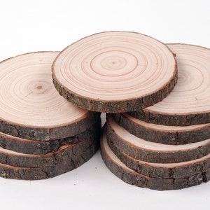 May include: A stack of eight round wooden slices, each with a natural bark edge and a light brown color. The wood grain is visible on each slice, showing the rings of the tree.