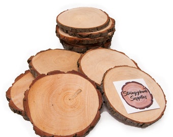 10 pack | 12 - 14 cm Wood Slices • 5 Inch Wood Slices • Wood Burning • Rustic Wood Slices • Pyrography Wood • Wood Slices with Bark